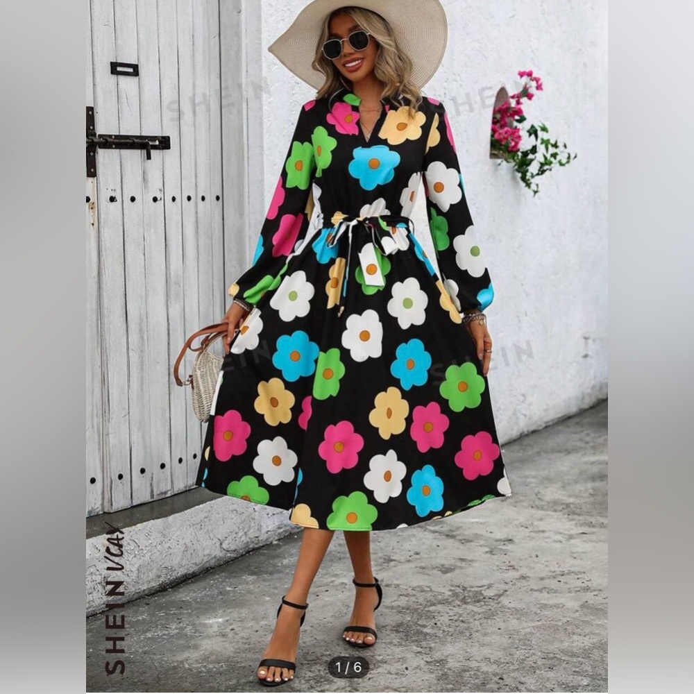 SHEIN VCAY Casual Flower Pattern Printed Lantern Sleeve Dress
Black / 14(XXL)
